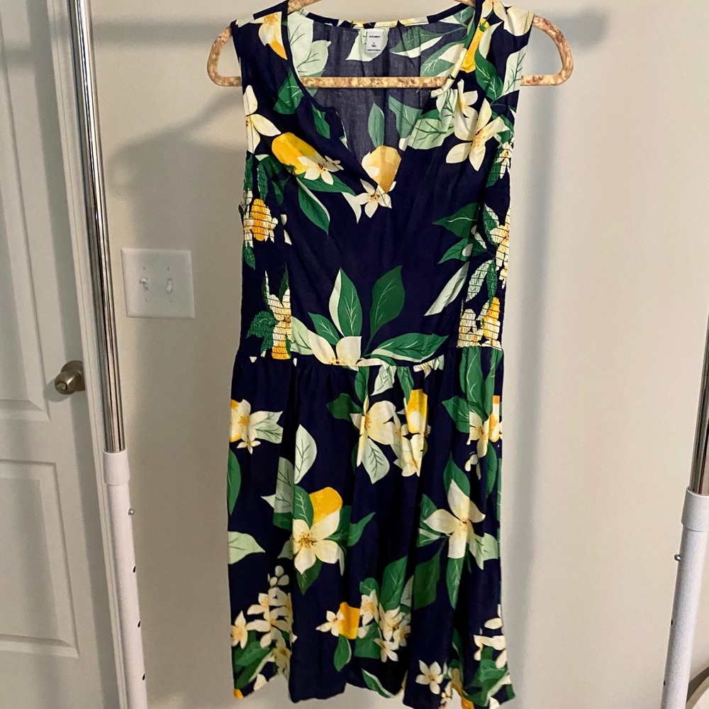 Navy cotton sundress with lemon print